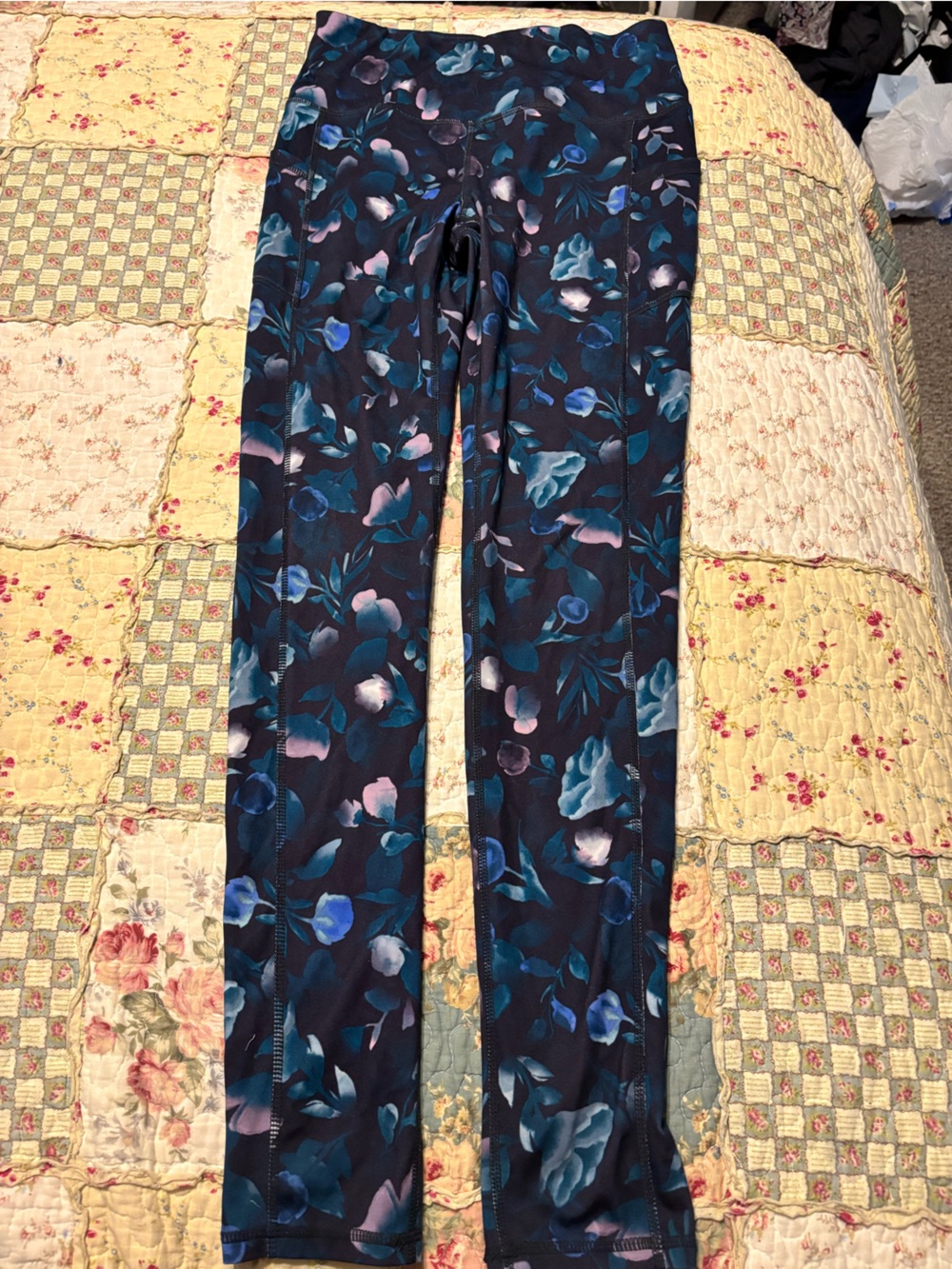 GAIAM Navy Floral Print Leggings with Blue and Pink Accents